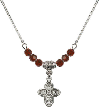 18" Rhodium Plated Necklace with 4mm Garnet Crystal Beads featuring a Sterling Silver 4-Way Medal.