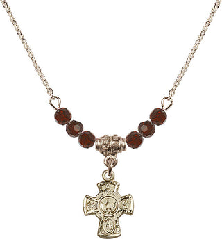 18" Hamilton Gold Plated Necklace with 4mm Garnet Crystal Beads featuring a 14kt Gold Filled 5-Way Medal.