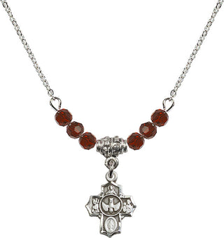 18" Rhodium Plated Necklace with 4mm Garnet Crystal Beads featuring a Sterling Silver 5-Way Medal.