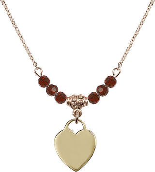 18" Hamilton Gold Plated Necklace with 4mm Garnet Crystal Beads featuring a 14kt Gold Filled Heart Medal. Engraved Catholic Saint Jewelry