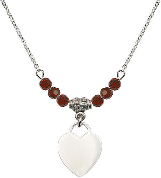 18" Rhodium Plated Necklace with 4mm Garnet Crystal Beads featuring a Sterling Silver Heart Medal. Engraved Catholic Saint Jewelry