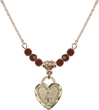 18" Hamilton Gold Plated Necklace with 4mm Garnet Crystal Beads featuring a 14kt Gold Filled Miraculous Heart Medal. Engraved Catholic Saint Jewelry