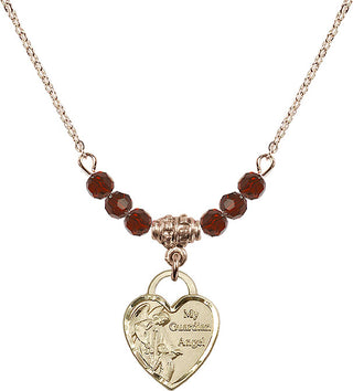 18" Hamilton Gold Plated Necklace with 4mm Garnet Crystal Beads featuring a 14kt Gold Filled Guardian Angel Heart Medal. Engraved Catholic Saint Jewelry