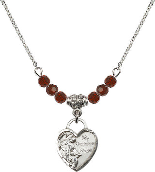 18" Rhodium Plated Necklace with 4mm Garnet Crystal Beads featuring a Sterling Silver Guardian Angel Heart Medal. Engraved Catholic Saint Jewelry