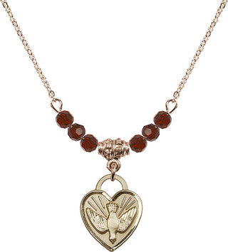 18" Hamilton Gold Plated Necklace with 4mm Garnet Crystal Beads featuring a 14kt Gold Filled Confirmation Heart Medal. Engraved Catholic Saint Jewelry