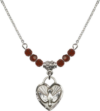 18" Rhodium Plated Necklace with 4mm Garnet Crystal Beads featuring a Sterling Silver Confirmation Heart Medal. Engraved Catholic Saint Jewelry