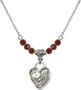 18" Rhodium Plated Necklace with 4mm Garnet Crystal Beads featuring a Sterling Silver Graduation Heart Medal. Engraved Catholic Saint Jewelry