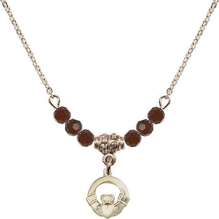 18" Hamilton Gold Plated Necklace with 4mm Garnet Crystal Beads featuring a 14kt Gold Filled Claddagh Medal.