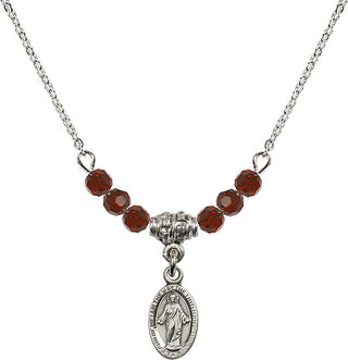 18" Rhodium Plated Necklace with 4mm Garnet Crystal Beads featuring a Sterling Silver Scapular Medal.