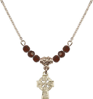 18" Hamilton Gold Plated Necklace with 4mm Garnet Crystal Beads featuring a 14kt Gold Filled Celtic Cross Medal.