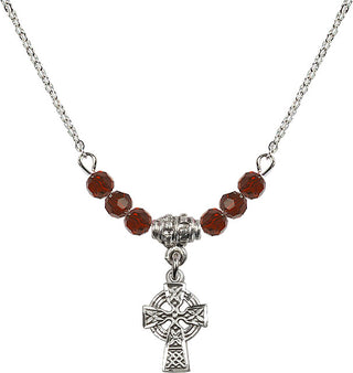 18" Rhodium Plated Necklace with 4mm Garnet Crystal Beads featuring a Sterling Silver Celtic Cross Medal.