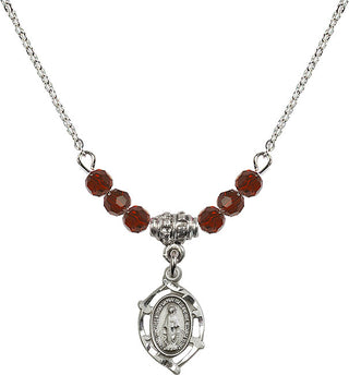 18" Rhodium Plated Necklace with 4mm Garnet Crystal Beads featuring a Sterling Silver Miraculous Medal.