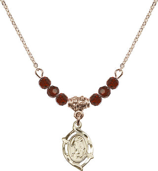 18" Hamilton Gold Plated Necklace with 4mm Garnet Crystal Beads featuring a 14kt Gold Filled Guardian Angel Medal.
