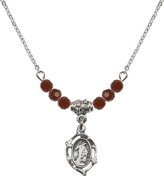 18" Rhodium Plated Necklace with 4mm Garnet Crystal Beads featuring a Sterling Silver Guardian Angel Medal.