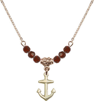 18" Hamilton Gold Plated Necklace with 4mm Garnet Crystal Beads featuring a 14kt Gold Filled Anchor Medal.