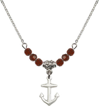 18" Rhodium Plated Necklace with 4mm Garnet Crystal Beads featuring a Sterling Silver Anchor Medal.