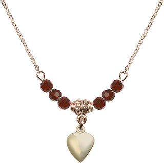 18" Hamilton Gold Plated Necklace with 4mm Garnet Crystal Beads featuring a 14kt Gold Filled Heart Medal.