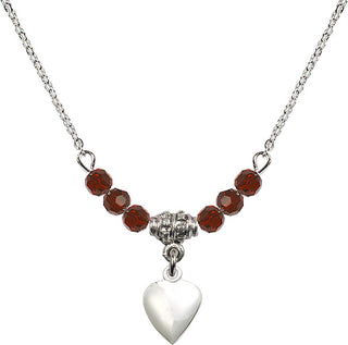 18" Rhodium Plated Necklace with 4mm Garnet Crystal Beads featuring a Sterling Silver Heart Medal.