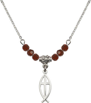 18" Rhodium Plated Necklace with 4mm Garnet Crystal Beads featuring a Sterling Silver Fish / Cross Medal.