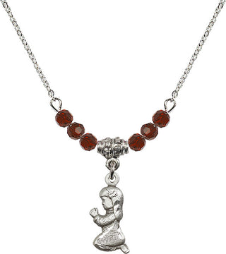 18" Rhodium Plated Necklace with 4mm Garnet Crystal Beads featuring a Sterling Silver Praying Girl Medal.