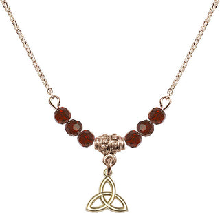 18" Hamilton Gold Plated Necklace with 4mm Garnet Crystal Beads featuring a 14kt Gold Filled Trinity Irish Knot Medal.