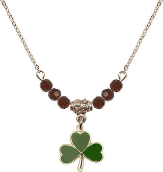 18" Hamilton Gold Plated Necklace with 4mm Garnet Crystal Beads featuring a 14kt Gold Filled Shamrock Medal.