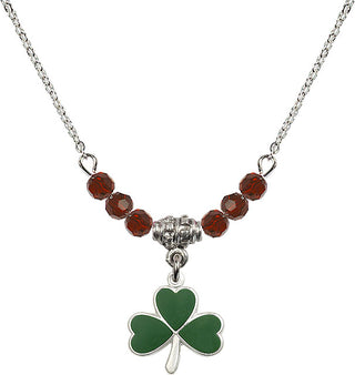 18" Rhodium Plated Necklace with 4mm Garnet Crystal Beads featuring a Sterling Silver Shamrock Medal.