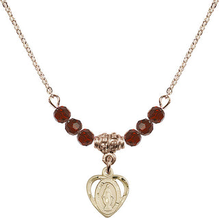 18" Hamilton Gold Plated Necklace with 4mm Garnet Crystal Beads featuring a 14kt Gold Filled Miraculous Medal.