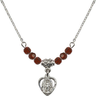 18" Rhodium Plated Necklace with 4mm Garnet Crystal Beads featuring a Sterling Silver Miraculous Medal.