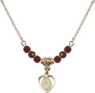 18" Hamilton Gold Plated Necklace with 4mm Garnet Crystal Beads featuring a 14kt Gold Filled Scapular Medal.