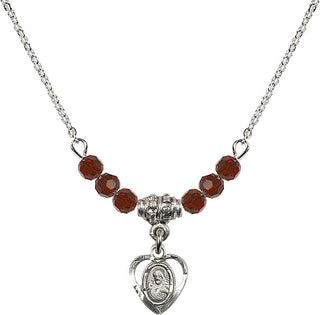 18" Rhodium Plated Necklace with 4mm Garnet Crystal Beads featuring a Sterling Silver Scapular Medal.