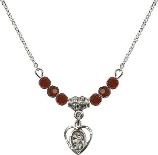 18" Rhodium Plated Necklace with 4mm Garnet Crystal Beads featuring a Sterling Silver Saint Christopher Medal. Engraved Catholic Saint Jewelry