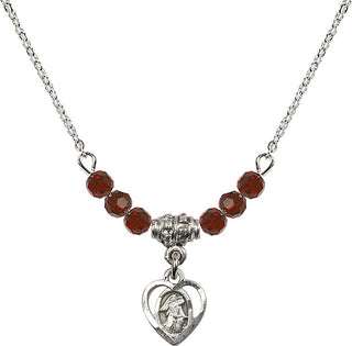 18" Rhodium Plated Necklace with 4mm Garnet Crystal Beads featuring a Sterling Silver Guardian Angel Medal. Engraved Catholic Saint Jewelry