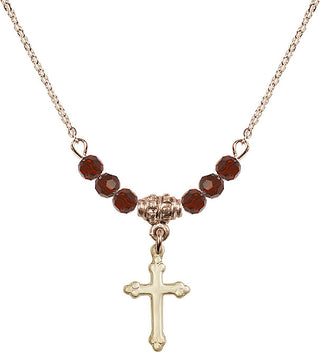 18" Hamilton Gold Plated Necklace with 4mm Garnet Crystal Beads featuring a 14kt Gold Filled Cross Medal.