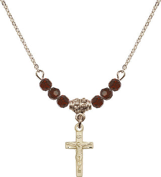 18" Hamilton Gold Plated Necklace with 4mm Garnet Crystal Beads featuring a 14kt Gold Filled Crucifix Medal.