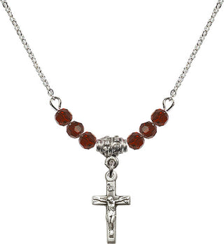 18" Rhodium Plated Necklace with 4mm Garnet Crystal Beads featuring a Sterling Silver Crucifix Medal.