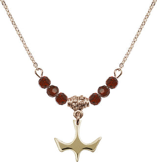 18" Hamilton Gold Plated Necklace with 4mm Garnet Crystal Beads featuring a 14kt Gold Filled Holy Spirit Medal.