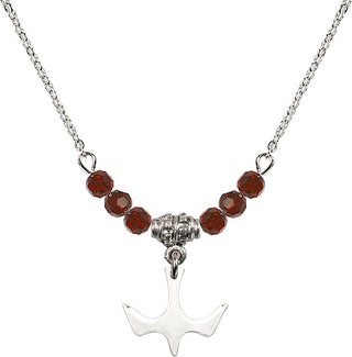 18" Rhodium Plated Necklace with 4mm Garnet Crystal Beads featuring a Sterling Silver Holy Spirit Medal.