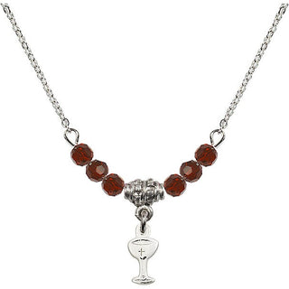 18" Rhodium Plated Necklace with 4mm Garnet Crystal Beads featuring a Sterling Silver Chalice Medal.