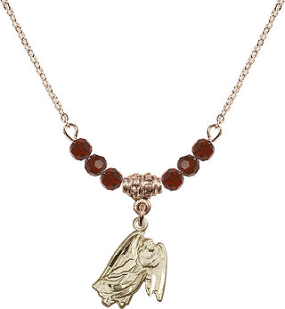 18" Hamilton Gold Plated Necklace with 4mm Garnet Crystal Beads featuring a 14kt Gold Filled Guardian Angel Medal.