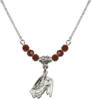 18" Rhodium Plated Necklace with 4mm Garnet Crystal Beads featuring a Sterling Silver Guardian Angel Medal.