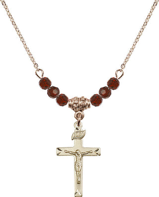 18" Hamilton Gold Plated Necklace with 4mm Garnet Crystal Beads featuring a 14kt Gold Filled Crucifix Medal.