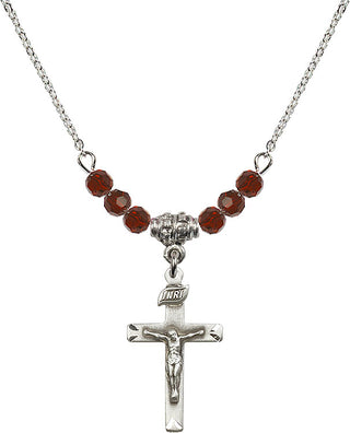 18" Rhodium Plated Necklace with 4mm Garnet Crystal Beads featuring a Sterling Silver Crucifix Medal.