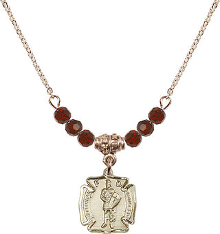 18" Hamilton Gold Plated Necklace with 4mm Garnet Crystal Beads featuring a 14kt Gold Filled Saint Florian Medal. Engraved Catholic Saint Jewelry