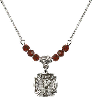 18" Rhodium Plated Necklace with 4mm Garnet Crystal Beads featuring a Sterling Silver Saint Florian Medal. Engraved Catholic Saint Jewelry