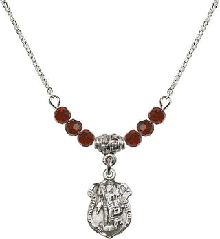 18" Rhodium Plated Necklace with 4mm Garnet Crystal Beads featuring a Sterling Silver Saint Michael the Archangel Medal. Engraved Catholic Saint Jewelry