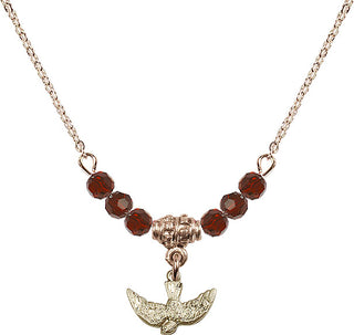 18" Hamilton Gold Plated Necklace with 4mm Garnet Crystal Beads featuring a 14kt Gold Filled Holy Spirit Medal.