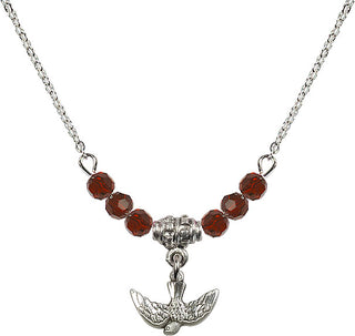18" Rhodium Plated Necklace with 4mm Garnet Crystal Beads featuring a Sterling Silver Holy Spirit Medal.
