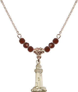 18" Hamilton Gold Plated Necklace with 4mm Garnet Crystal Beads featuring a 14kt Gold Filled Lighthouse Medal.
