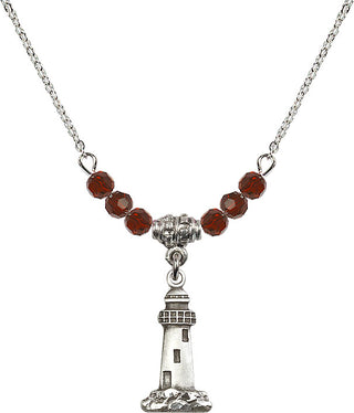 18" Rhodium Plated Necklace with 4mm Garnet Crystal Beads featuring a Sterling Silver Lighthouse Medal.